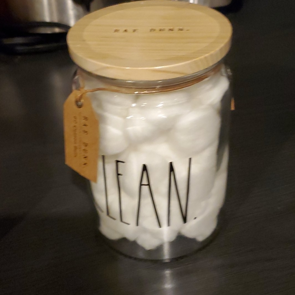 Rae dunn glass wood top canister word clea…